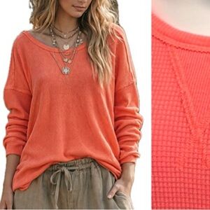 We the Free Neon Waffle Knit Long Sleeve Tee Womens Size M Slouchy Scoop Neck